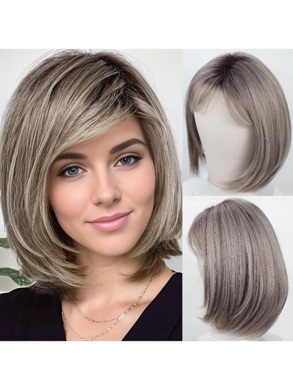 Women's Grey 12 Inch Mid Length Heat Synthetic Straight Layered Bob Wigs